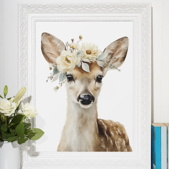 Watercolor Deer with Flower Wreath Illustration Wall Art Print Poster, Unframed - Picture 6 of 6